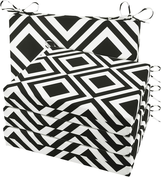 Cozyide Outdoor Chair Cushions, Waterproof Patio Seat Cushions with Adjustable Straps, Square Corner Patio Chair Cushions for Garden, Black Geometry, 18.5x16x3 Inch (Pack of 4)