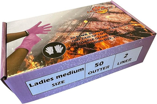 LavaLock Disposable Nitrile BBQ Gloves with Cotton Liners for Outdoor Cooking Grilling Smokers and Barbecue Competition, Chef or Kitchen use (Medium 50 Count Pink)