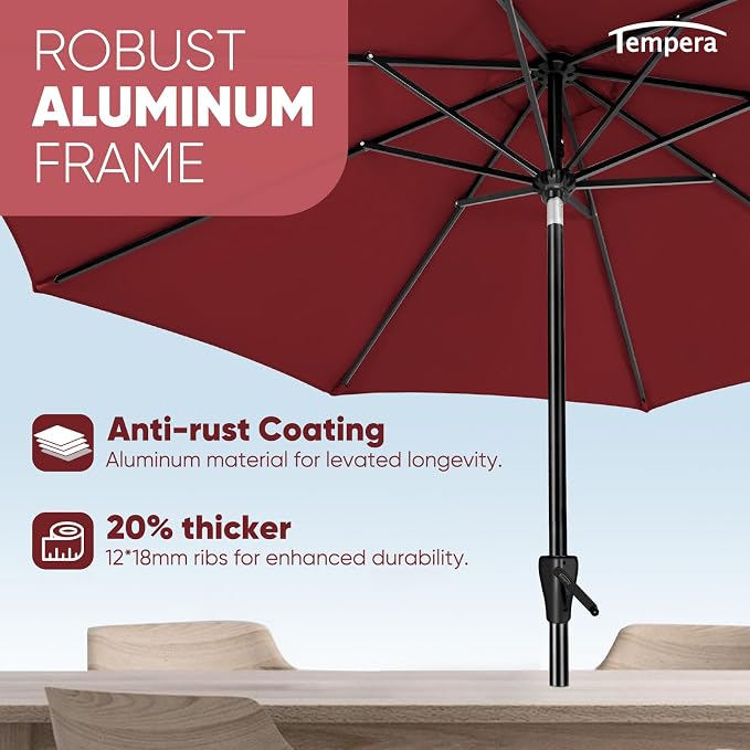 Tempera Patio Market Outdoor Table Umbrella with Auto Tilt and Crank, Large Sun Umbrella with Sturdy Pole & Fade Resistant Canopy, Easy to Set