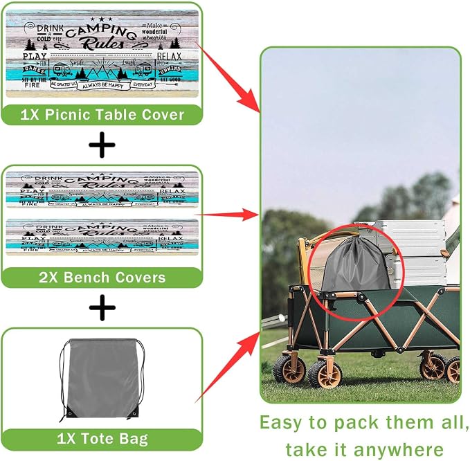 JAWO Turquoise Wood Grain Camping Rules Quote Picnic Table Cover with Bench Covers, Camper RV Essentials Gear Supplies Outdoor Waterproof Windproof Tablecloth with Elastic, 30x72 Inch