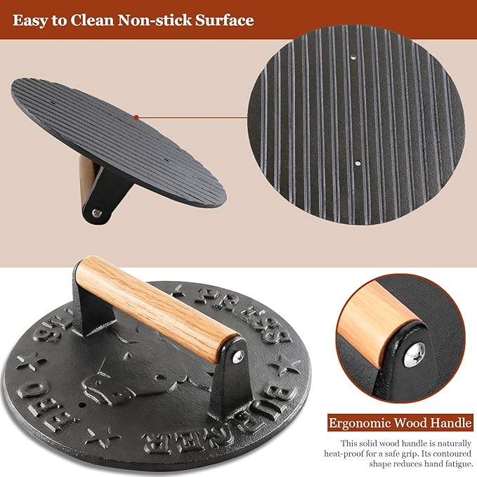 Cast Iron Smash Burger Press - 4.1 lb Heavy Duty Bacon Press & Grill Weight for Smashburgers, Flat Iron Steak & Cooking on Skillet, Burger Smasher Tool, 8.7 Inch Round with Beechwood Handle