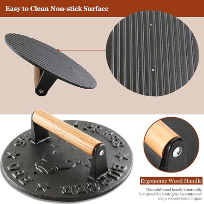Cast Iron Smash Burger Press - 4.1 lb Heavy Duty Bacon Press & Grill Weight for Smashburgers, Flat Iron Steak & Cooking on Skillet, Burger Smasher Tool, 8.7 Inch Round with Beechwood Handle