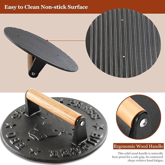 Cast Iron Smash Burger Press - 4.1 lb Heavy Duty Bacon Press & Grill Weight for Smashburgers, Flat Iron Steak & Cooking on Skillet, Burger Smasher Tool, 8.7 Inch Round with Beechwood Handle