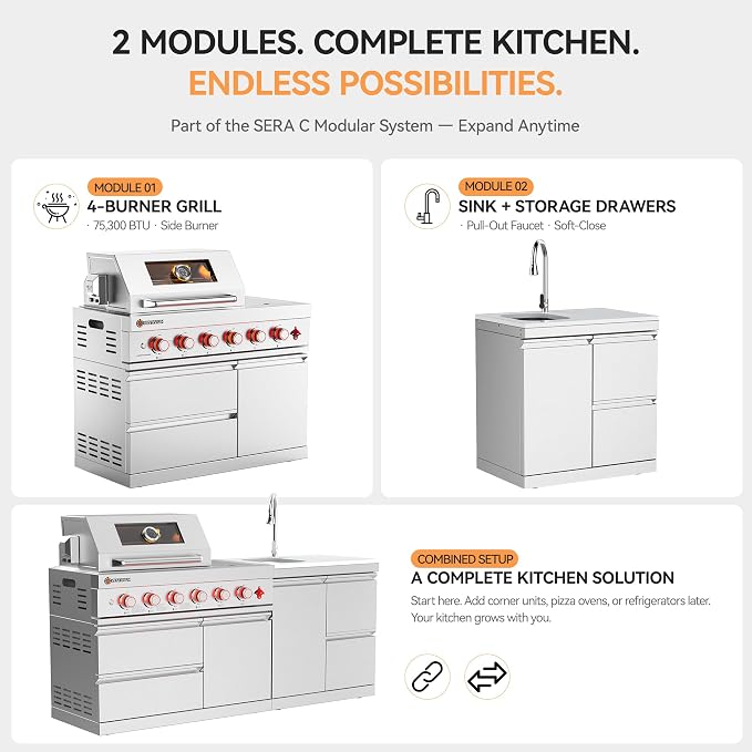 SERA C 4-Burner Propane Modular Outdoor Kitchen Compact Patio | 75,300 BTU, side burner for sauces, pull-out faucet sink storage drawers, 304ss, soft-close, locking caster, balcony backyard