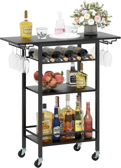 LAATOOREE Bar Cart 4 Tier, Home Serving Cart, Black Mobile Drink Beverage Cart, Rolling Kitchen Shelf with Wine and Glass Holders, for Living Room
