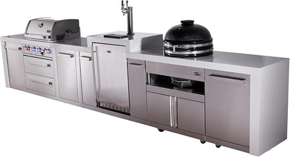 Mont Alpi Premium 4-Burner 155" Deluxe Stainless Steel Island Modular Outdoor Kitchen Island BBQ Gas Grill + Infrared Side Burner + Kegerator + Kamado + Storage Drawers and Cabinets + Rotisserie Kit