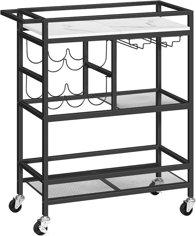 MAHANCRIS Bar Cart for Home, 3-Tier Serving Cart with Wheels and Handle, Beverage Cart with Wine Rack and Glass Holders, Rolling Wine Cart for Kitchen, Dining Room, Marble and Black RCHM6101