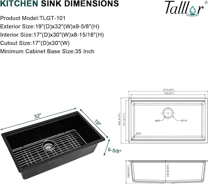 32x19 Inch Granite Composite Kitchen Sink - Matte Black Undermount Workstation Classic Quartz Under Counter Single Bowl All-In One Sinks for Kitchen #TLGU-132