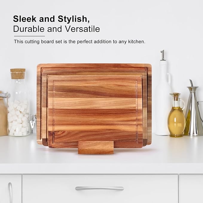 Extra Large Acacia Wood Cutting Board Set of 3 Wooden Chopping Board With Holder Fruit Cutting Boards Charcuterie Boards for Kitchen Bread Cheese Serving Board Meat Cutting Board Carving Board