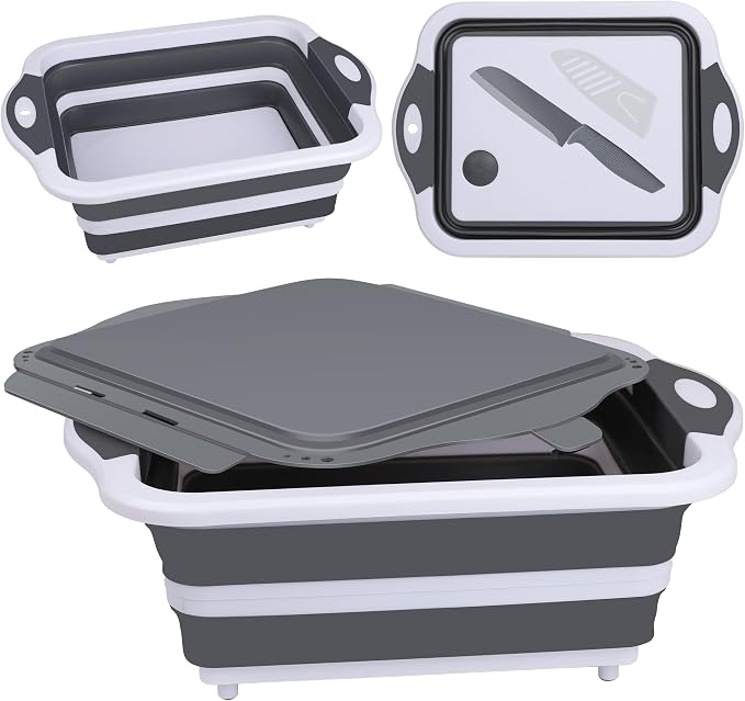 QiMH Collapsible BBQ Prep Tub, Picnic Basket with Lid Foldable Dish Basin, Washing and Draining Veggies Fruits, Food Grade Portable Cutting Board for Camping, Traveling, and Kitchen