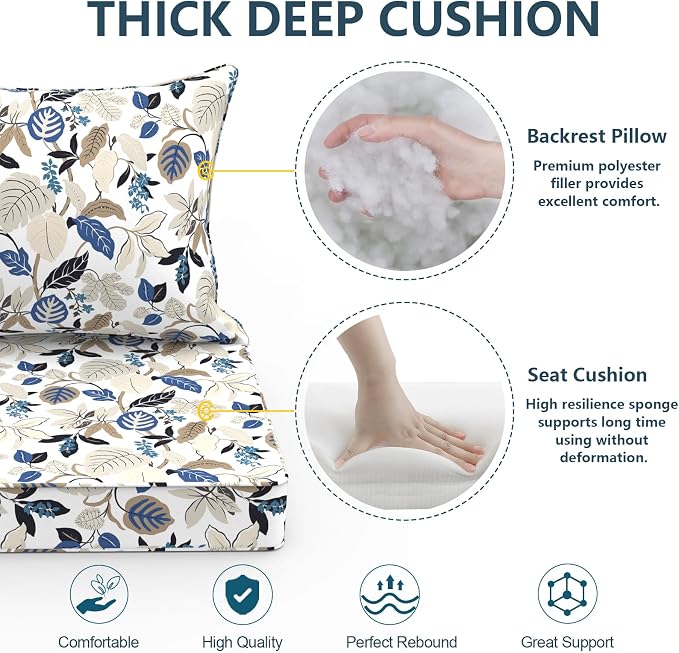 DYTXIII Outdoor Deep Seat Cushion Set, Water Repellent 22"x22" Patio Thick Cushions Replacement with Seat & Back Pillow for Patio Sofa, Wicker Chair, Couch - Breeze Leaves Beige