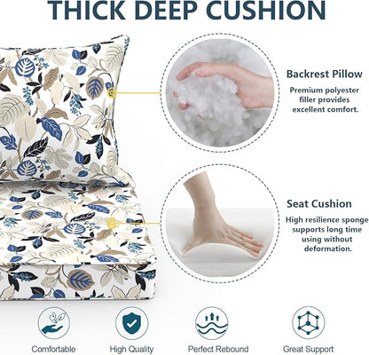 DYTXIII Outdoor Deep Seat Cushion Set, Water Repellent 22"x22" Patio Thick Cushions Replacement with Seat & Back Pillow for Patio Sofa, Wicker Chair, Couch - Breeze Leaves Beige