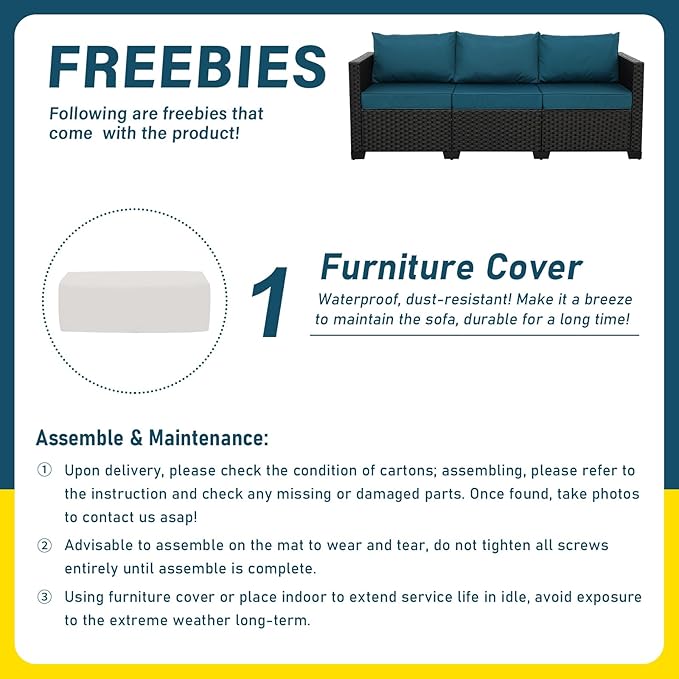 Rattan Star Outdoor Furniture Couch 3 Seater Sofa Outdoor Wicker Sofa Deep Seat High Backrest Patio Couch with Non-Slip Cushions Waterproof Cover, Peacock Blue
