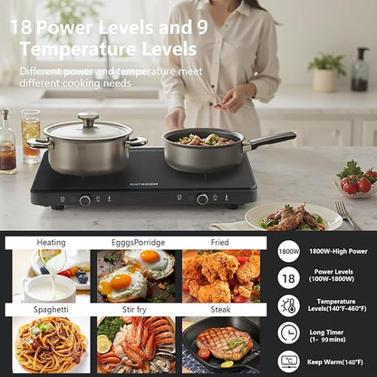 Double Induction Cooktop: Apartment-Friendly Dual Burner with Precision Temp Control (140°F-460°F) – No Breaker Trips, Perfectly Seared Steak & Never-Burnt Eggs