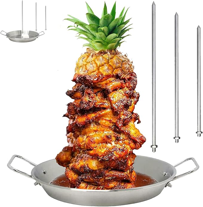 Al Pastor Skewer with Drip Pan, 10 Inch Vertical Meat Spit Rack, Stainless Steel Shawarma Grill Kit with 3 Removable Spikes, Compatible with Grill, Oven, Smoker and Outdoor BBQ