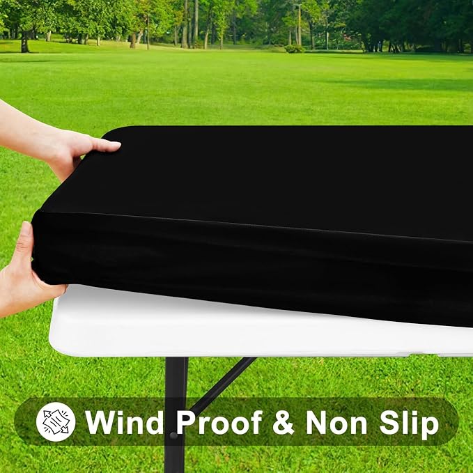 Smiry Rectangle Tablecloth, Elastic Fitted Flannel Backed Vinyl Tablecloths for 6ft Folding Tables, Waterproof Wipeable Table Covers for Indoor, Outdoor, Picnic and Camping (Black, 30"x72")