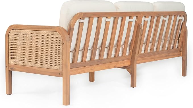Christopher Knight Home Jidah Acacia Wood Outdoor 3 Seater Sofa with PE Wicker Armrest, Solid Wood Patio Sofa with Removable Cushion, Comfy Lounge Sofa for Patio Furniture Set, Light Teak+Beige