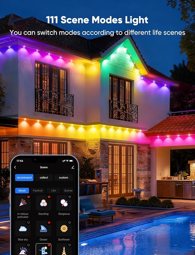 APPECK RGBW Permanent Outdoor Lights 400ft, 40LM, with 288 LED Bulbs, Black | IP67 Waterproof, 111 Scene Modes, 2700K Warm White, Music Sync, Individual Control, Eave Lights Compatible with Alexa