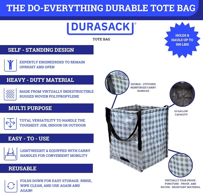 DURASACK Heavy Duty Storage Tote Bag 22-Gallon, Gingham Gray | Rugged Woven Polypropylene Moving Bag, Reusable Self-Standing Design, Holds up to 500 Pounds