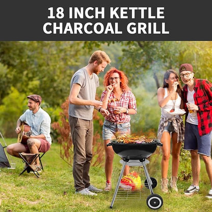 18 Inch Charcoal Grill, BBQ Kettle Grill with Enamel Lid & Ash Catcher, Portable Charcoal Grill for Outdoor Grill Camping and Small Patio Backyard, Includes Wheels for Easy Mobility