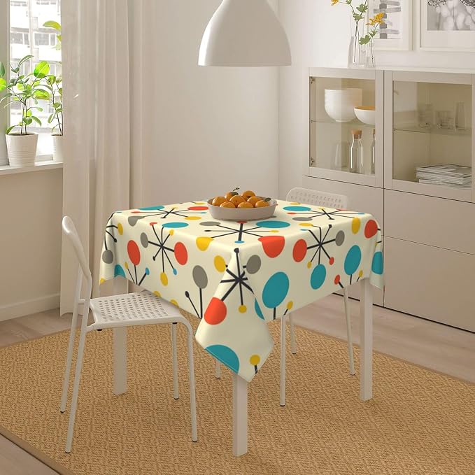 Mid Century Fifties Modern Atomic Retro Colors Tablecloth Washable Waterproof Yellow Table Cover for Kitchen Dining Room Picnic Party BBQ Wedding, Square 60" Table Cloth
