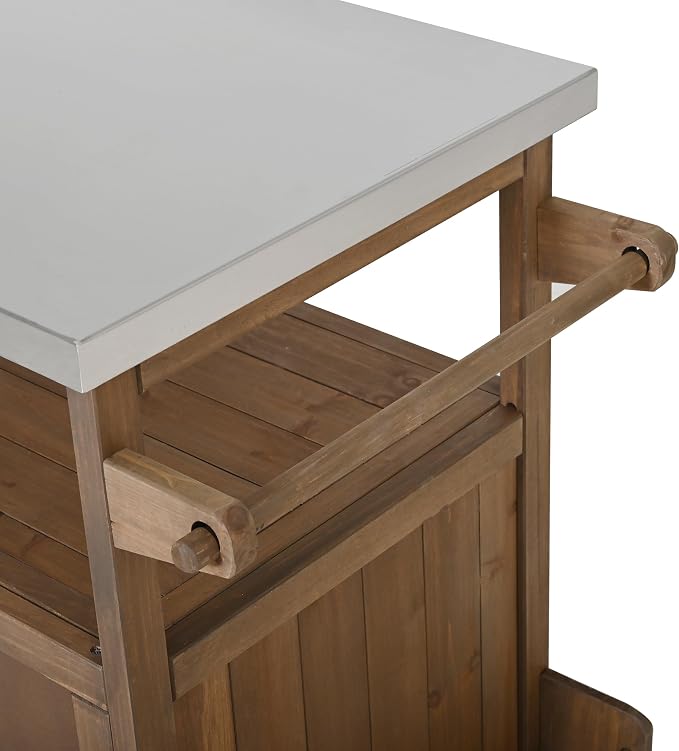 Christopher Knight Home Edsel Outdoor Bar Cart with Stainless Steel Top and Lockable Wheels, Solid Wood Outdoor Storage Cabinet, Kitchen Island Serving Cart for Poolside, Garden, Natural Brown+Silver