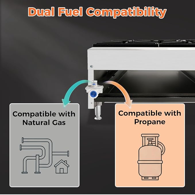 Commercial Gas Countertop Hot Plate Stove,Natural Propane Convertible Burner with Manual Control Valves,Standing Pilot Ignition,Cast Iron Grates,Adjustable Legs for Foodservice Prep (Silver,6 Burner)