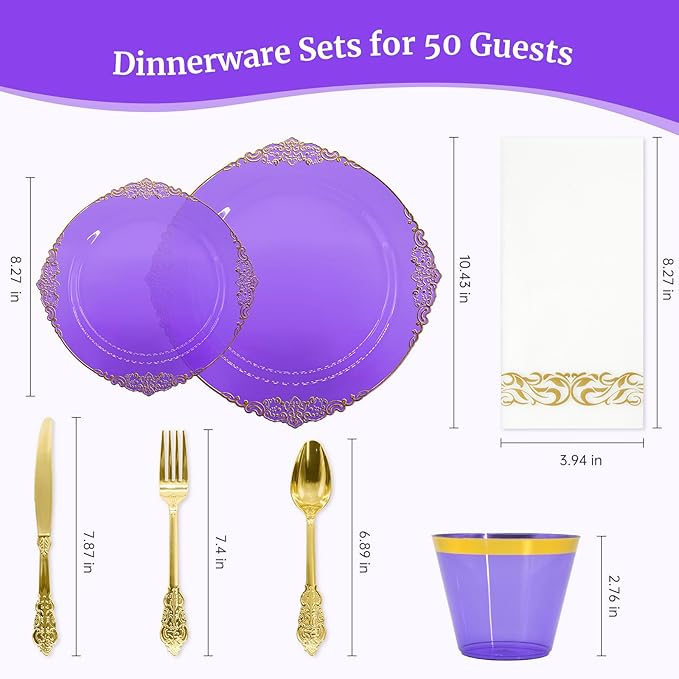 AIRE 350PCS Purple Gold Plastic Plates for Party Dinnerware Sets for 50 Guests, Vintage Disposable Plastic Party Plates Cups Spoons Forks Knives Napkins for Wedding Birthday Christmas BBQ Parties