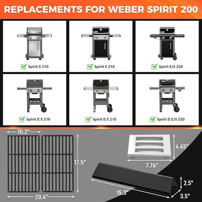 QuliMetal 7637 7635 67060 Grill Replacements for Weber Spirit E210,E220,S210,S215,Spirit 200 & GS4 Spirit II E210,Spirit II E220 with Front Control, Flavorizer Bars+Grates+Heat Deflector