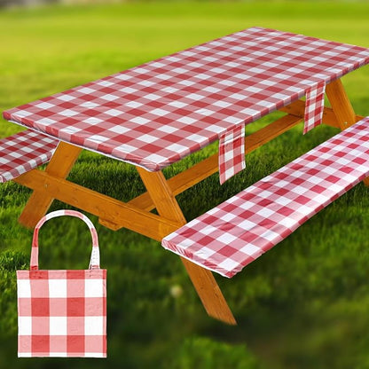 Wrakus Picnic Table Cover with Bench Covers Vinyl Elastic Edges Fitted Rectangle Seat Tables Waterproof 3-Piece72X30in Set Outdoor Rectangular Folding Backing Tablecloth for Camping Over Size