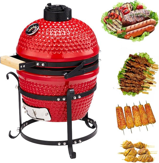 13" Portable Ceramic Grill Round Charcoal Barbecue Grills w/Thermometer and Grill Stand, Compact BBQ Grills for Garden Backyard Party Picnic Hiking Travel Outdoor Cooking Use, Easy to Assemble (Red)