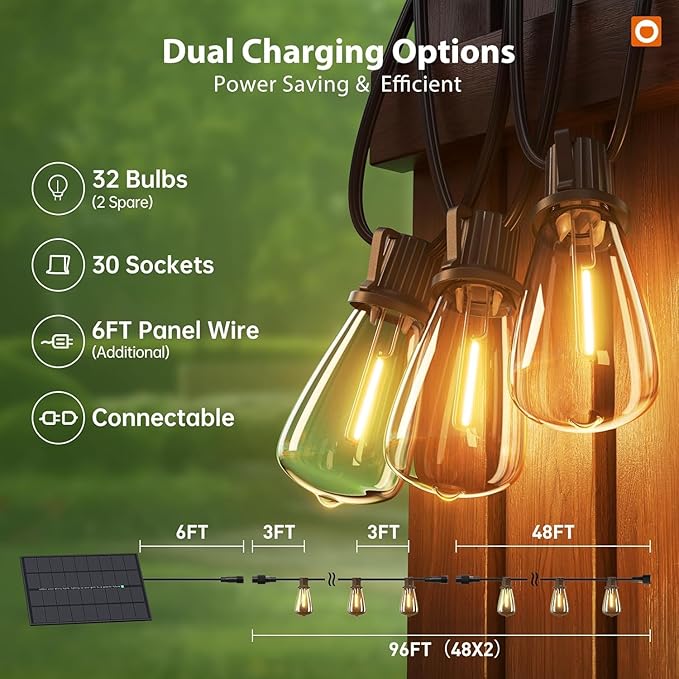 addlon 102FT(96+6) Solar String Lights Outdoor Waterproof with Remote, 30+2 LED Shatterproof Bulbs, Dimmable & Timable, Solar Lights Outdoor, Patio Lights for Garden, Backyard, Party, Camping Decor