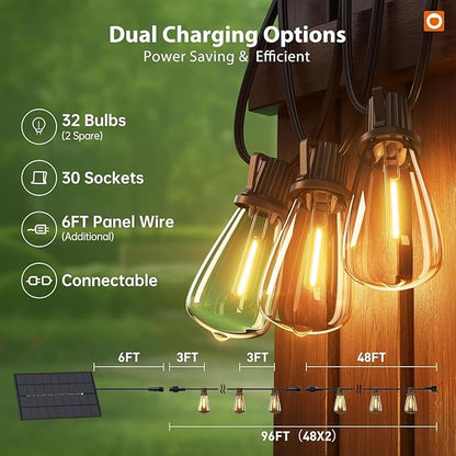 addlon 102FT(96+6) Solar String Lights Outdoor Waterproof with Remote, 30+2 LED Shatterproof Bulbs, Dimmable & Timable, Solar Lights Outdoor, Patio Lights for Garden, Backyard, Party, Camping Decor