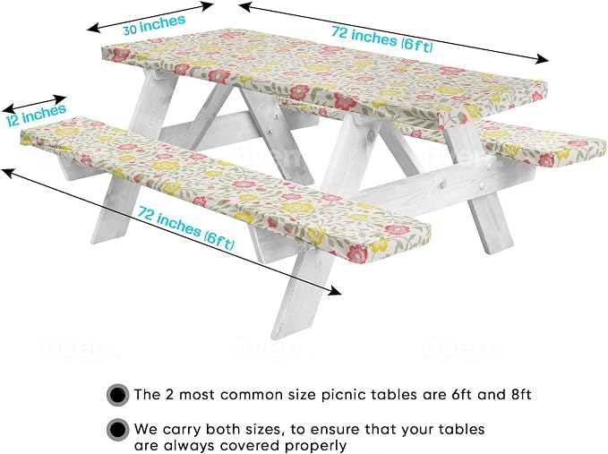 LINPRO 6ft Picnic Table Cover with Bench Covers Vinyl Fitted Picnic Table Covers with Elastic Camping Essentials and Picnic Tablecloth and RV Accessories