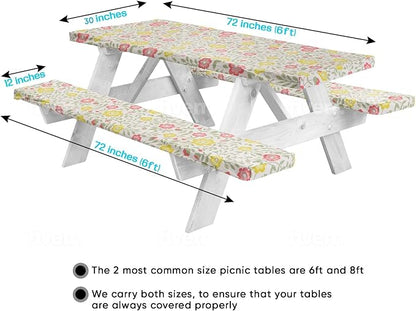 LINPRO 6ft Picnic Table Cover with Bench Covers Vinyl Fitted Picnic Table Covers with Elastic Camping Essentials and Picnic Tablecloth and RV Accessories
