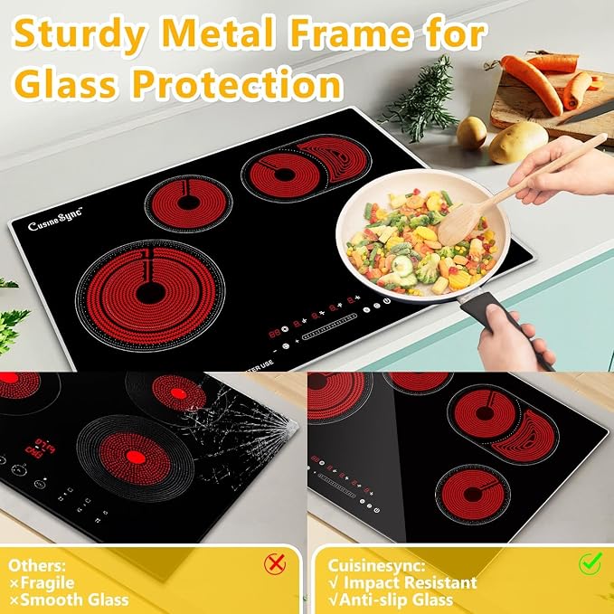 30 Inch Electric Cooktop, 4 Burner Built-In Radiant Ceramic Stove Top | 30 inch built-in radiant ceramic cooktop, 4 burners, 220-240V hardwired, touch control, flat-bottom cookware.