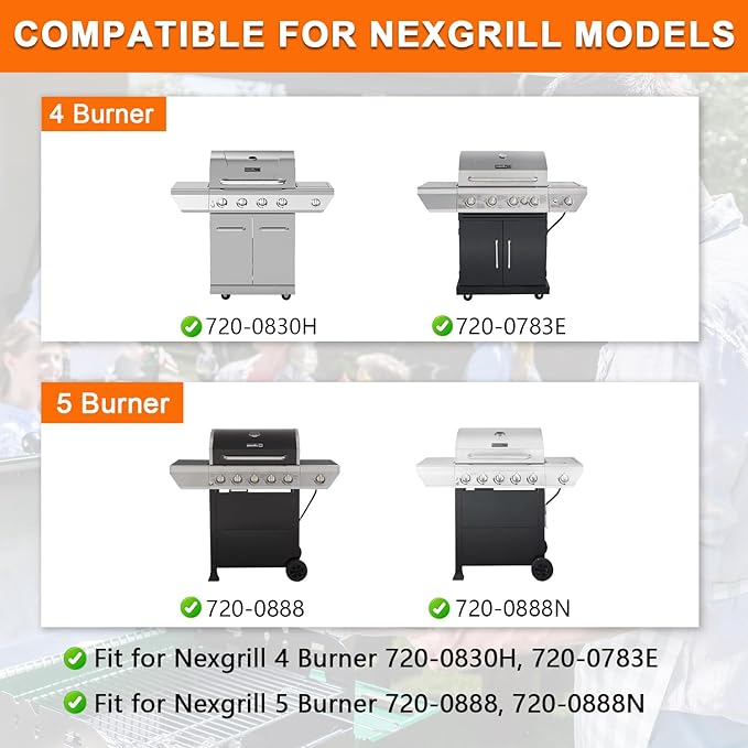 Grill Replacement Parts for Nexgrill 4 Burner 720-0830H 720-0830D 720-0783C 720-0783E 720-0958A, Stainless Steel Grill Grate Heat Shield Igniters and Burner Parts Kit for Nexgrill 4&5-Burner Gas Grill
