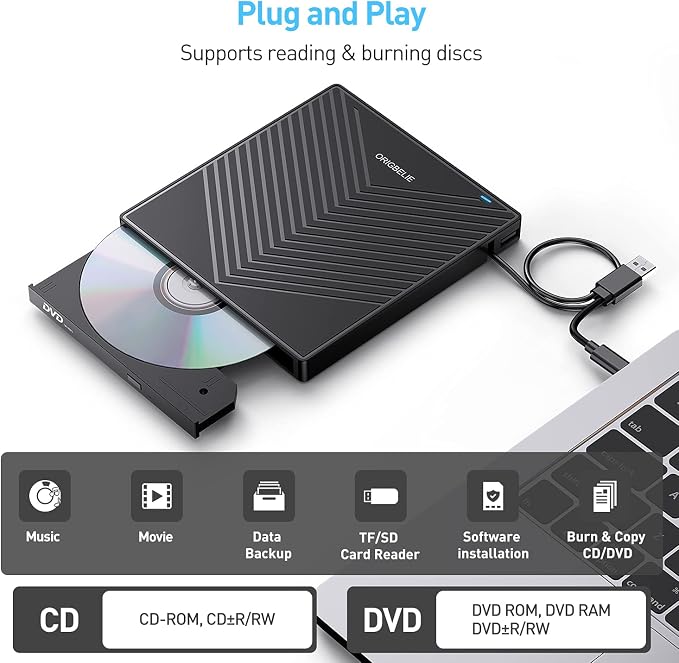 ORIGBELIE External CD DVD Drive 4 USB Port 2 TF/SD Card Slot &Carrying Case | Slim USB 3.0 CD DVD ROM Player Burner Reader Writer Rewriter Optical Disk Drive for Laptop PC Mac OS Windows 11/10/8/7 Linux