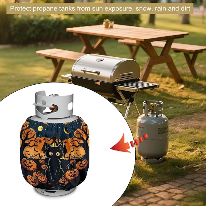 Black Cat Propane Tank Cover 20lb Waterproof Gas Tank Cylinder Cover for Outdoor Easy to Install RV Gas Cylinder Protector for All Season Gift for Halloween
