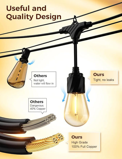 XMCOSY+ 48FT Outdoor String Lights Waterproof - LED Patio Hanging Lights for Outside Porch Backyard Gazebo Garden, Commercial Grade 16 Edison Bulbs