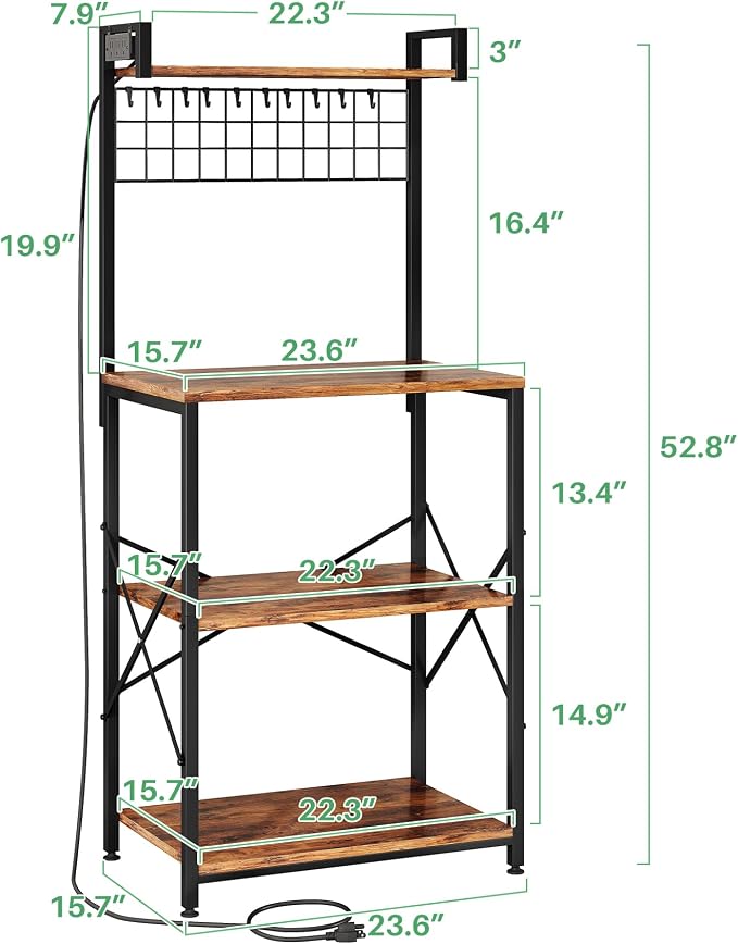 SNTD Bakers Rack with Power Outlet, Microwave Stand, Rustic Brown, 23.5" W | Coffee Stand, 4 Tiers Kitchen Storage Shelves, Wire Grid Panel, 10 Hooks, Metal Frame, Triple X-Shaped Reinforcement