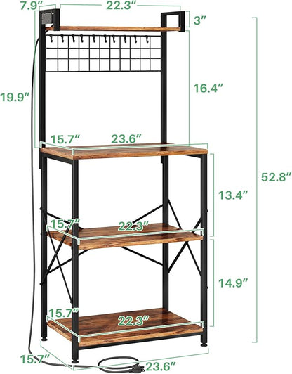 SNTD Bakers Rack with Power Outlet, Microwave Stand, Rustic Brown, 23.5" W | Coffee Stand, 4 Tiers Kitchen Storage Shelves, Wire Grid Panel, 10 Hooks, Metal Frame, Triple X-Shaped Reinforcement