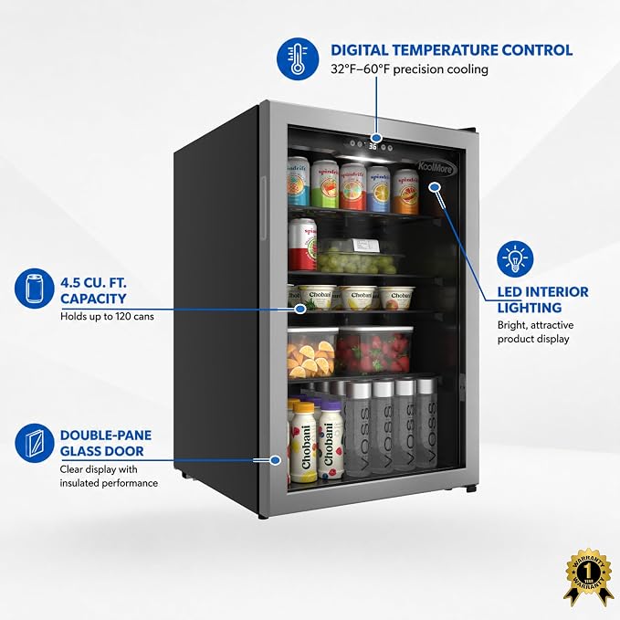 KoolMore 20 Inch Beverage Refrigerator, 4.5 Cu. Ft. Fridge Cooler, 120 Can Glass Door Drink Fridge for Dorm, Bedroom, Office, Bar, Retail Display, ETL Listed