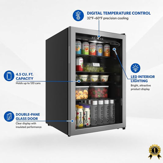 KoolMore 20 Inch Beverage Refrigerator, 4.5 Cu. Ft. Fridge Cooler, 120 Can Glass Door Drink Fridge for Dorm, Bedroom, Office, Bar, Retail Display, ETL Listed