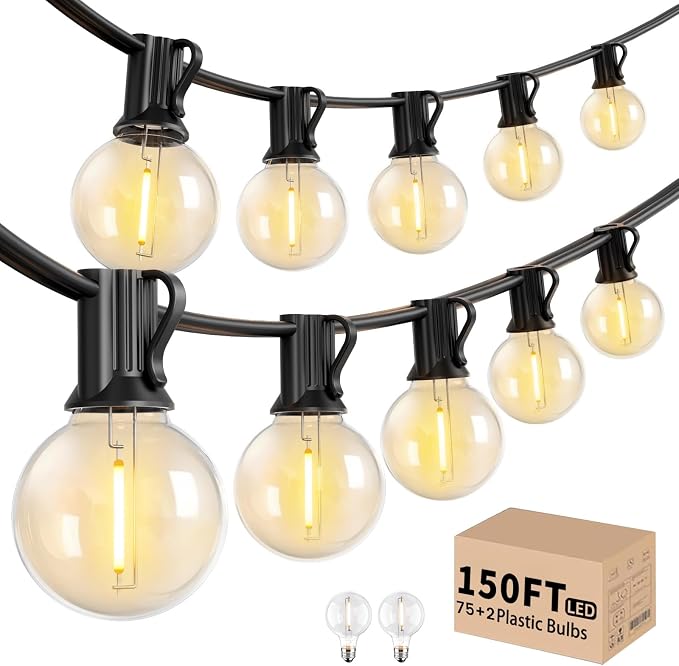 LACHON Outdoor String Lights, 150FT 75+2 G40 Bulbs Shatterproof Patio Lights, IP65 Waterproof Dimmable Hanging Connectable Globe LED Outdoor Lights for Backyard, Bistro, Porch, Deck, Balcony