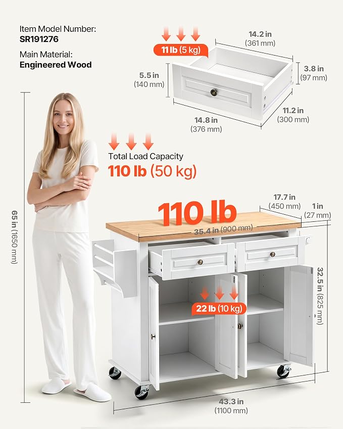 VEVOR Kitchen Island Cart with Storage, 43.7 in Wide Mobile Rolling Storage Island on Swivel Wheels, with 2 Drawers, Storage Cabinet, Spice/Towel Rack, Hooks, Table for Home Dining Room, White | Home Dining Use, Spice Towel Rack With Hooks, Cabinet She...