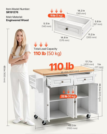 VEVOR Kitchen Island Cart with Storage, 43.7 in Wide Mobile Rolling Storage Island on Swivel Wheels, with 2 Drawers, Storage Cabinet, Spice/Towel Rack, Hooks, Table for Home Dining Room, White | Home Dining Use, Spice Towel Rack With Hooks, Cabinet She...