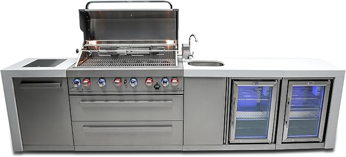 Mont Alpi Premium 132"W x 23"D Deluxe Stainless Steel Modular Outdoor Kitchen Island + 2 Refrigerators + Beverage Center Faucet & Sink + 44"W 6-Burner BBQ Grill + Granite Countertops + Storage + Cover