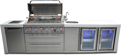Mont Alpi Premium 132"W x 23"D Deluxe Stainless Steel Modular Outdoor Kitchen Island + 2 Refrigerators + Beverage Center Faucet & Sink + 44"W 6-Burner BBQ Grill + Granite Countertops + Storage + Cover