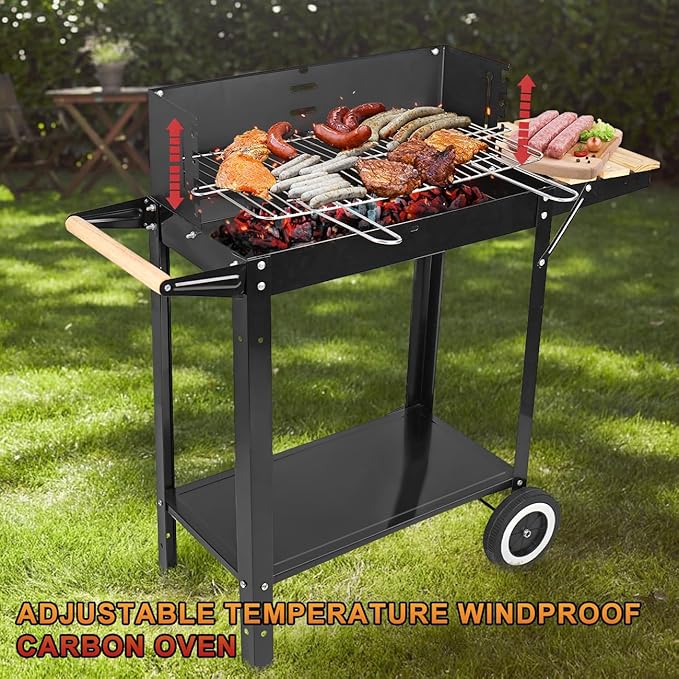 Charcoal Grills, Outdoor BBQ Grill with Side Table, Charcoal Grill with Wheels for Outdoor Grilling/Tabletop Cooking